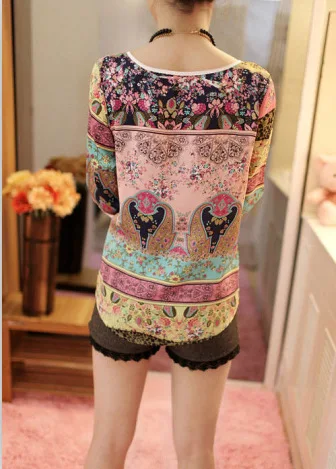 

2017 New Women Casual Basic Summer Printed Chiffon Blouse Top Shirt Floral Half sleeve Loose Large Size