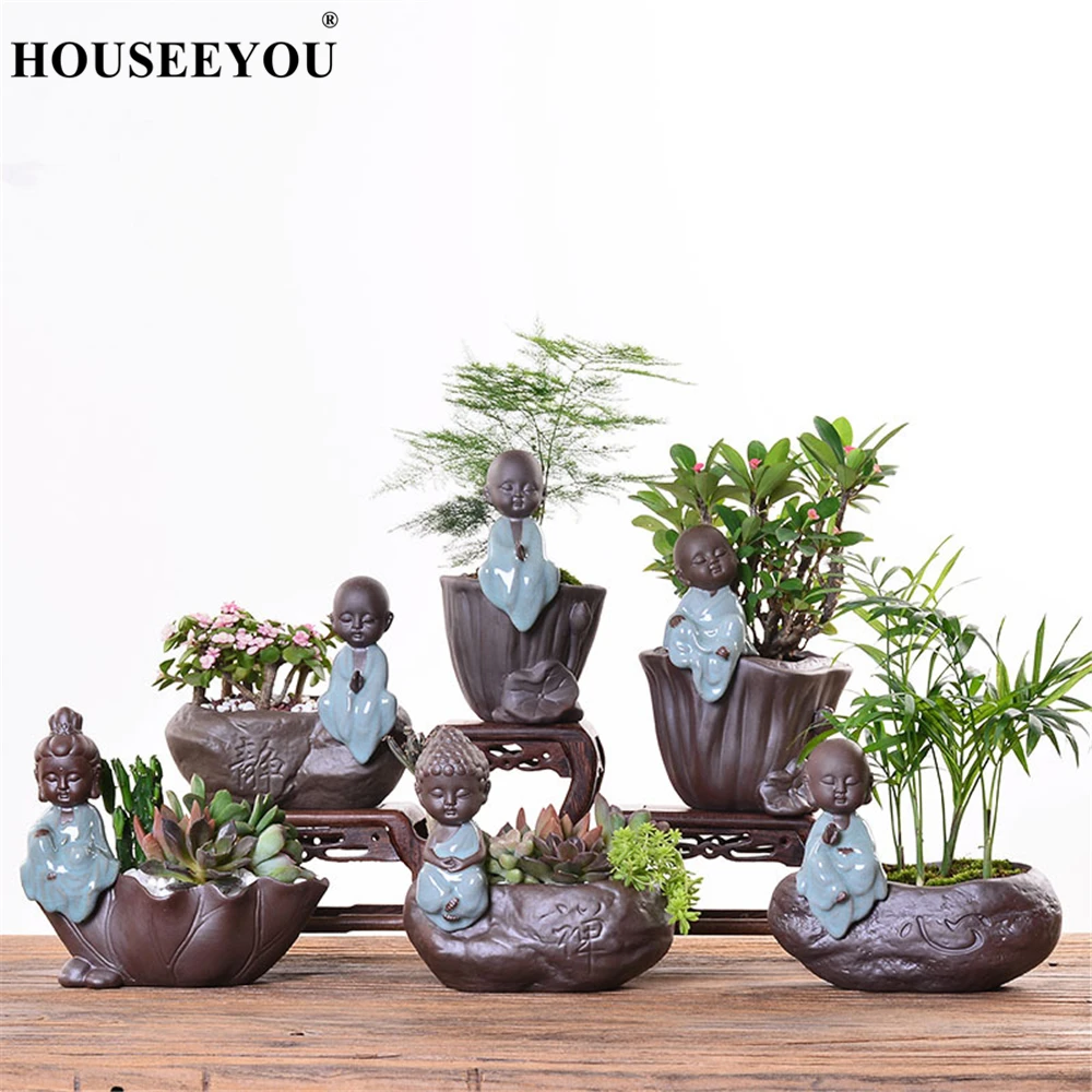 

Ceramic Flowerpots Vase Zen Little Buddha Monk Exquisite Ceramic Decorations Purple Sand Pottery Tea Play Planters Flower Pot