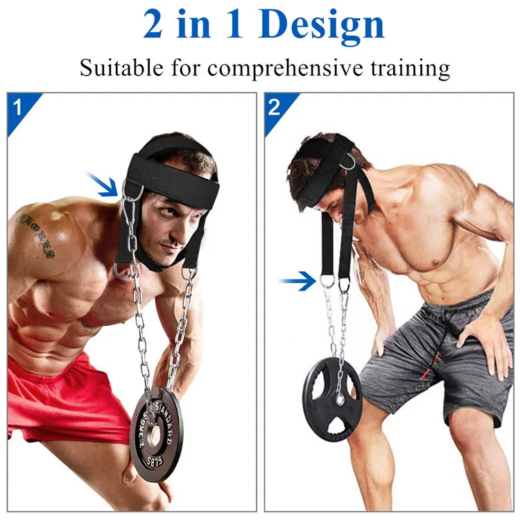 Gym Head Harness Adjustable Neck Strength Training Belt with D-Rings Chain for Weight Lifting Fitness Strap Workout Equipments