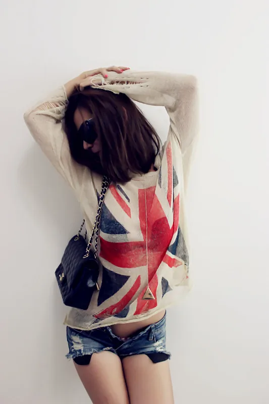 Crochet Hollow Out Long Sleeve Knit pullover Union Jack flag hole sweater | Женская одежда