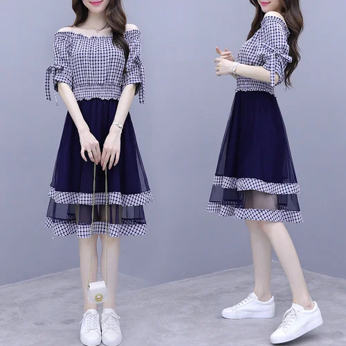 Женское платье с воротником-лодочкой 2019 летнее корейское в стиле преппи женский