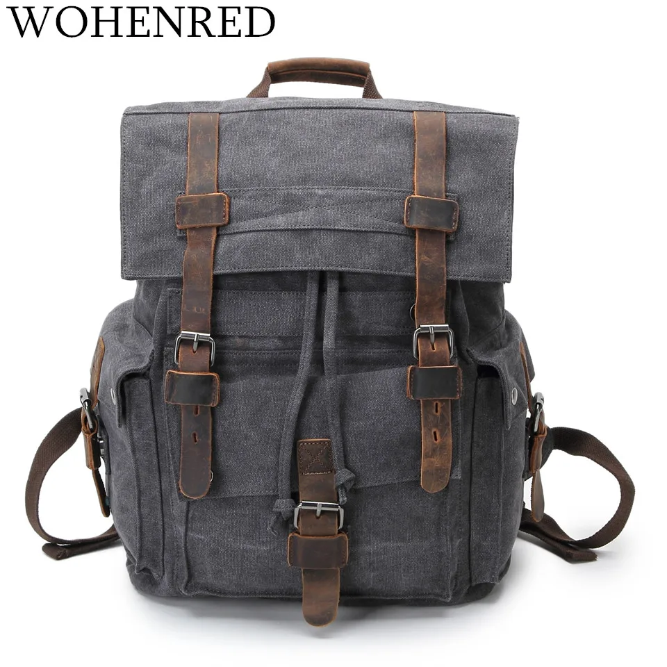 Vintage Leather Military Canvas Backpack Men Large School Bag Dark Gray Unisex Casual Daypacks Travel Rucksack Laptop Bookbag