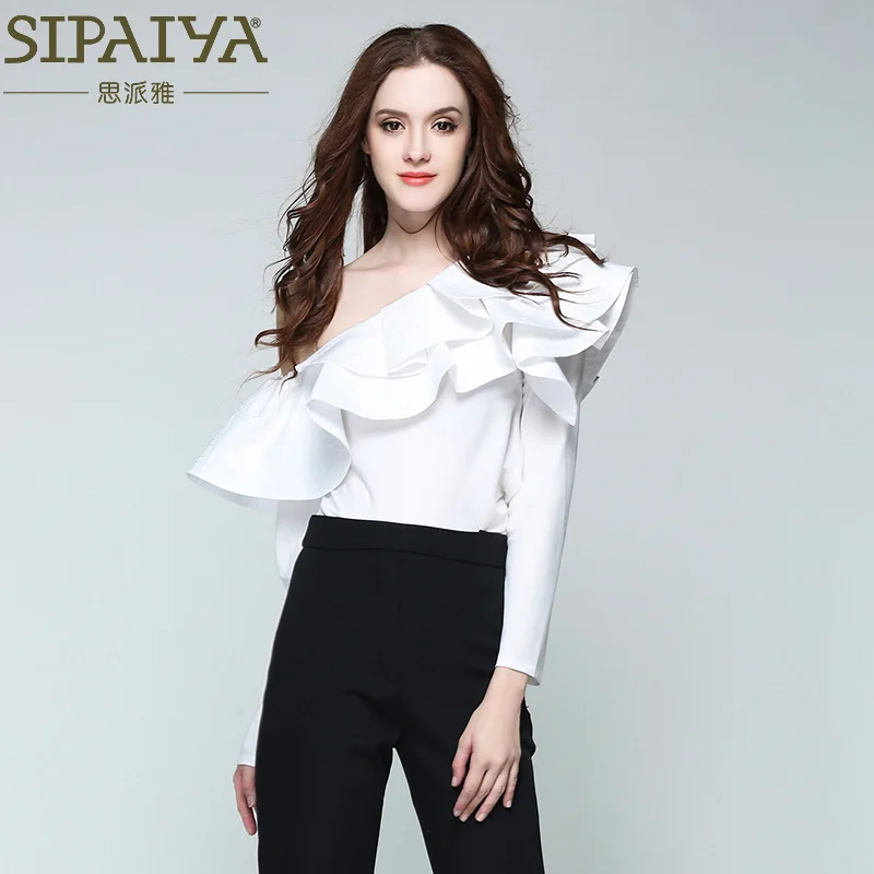 Женская блузка с одним плечом SIPAIYA 2017 рубашка оборками топы повседневная голубая