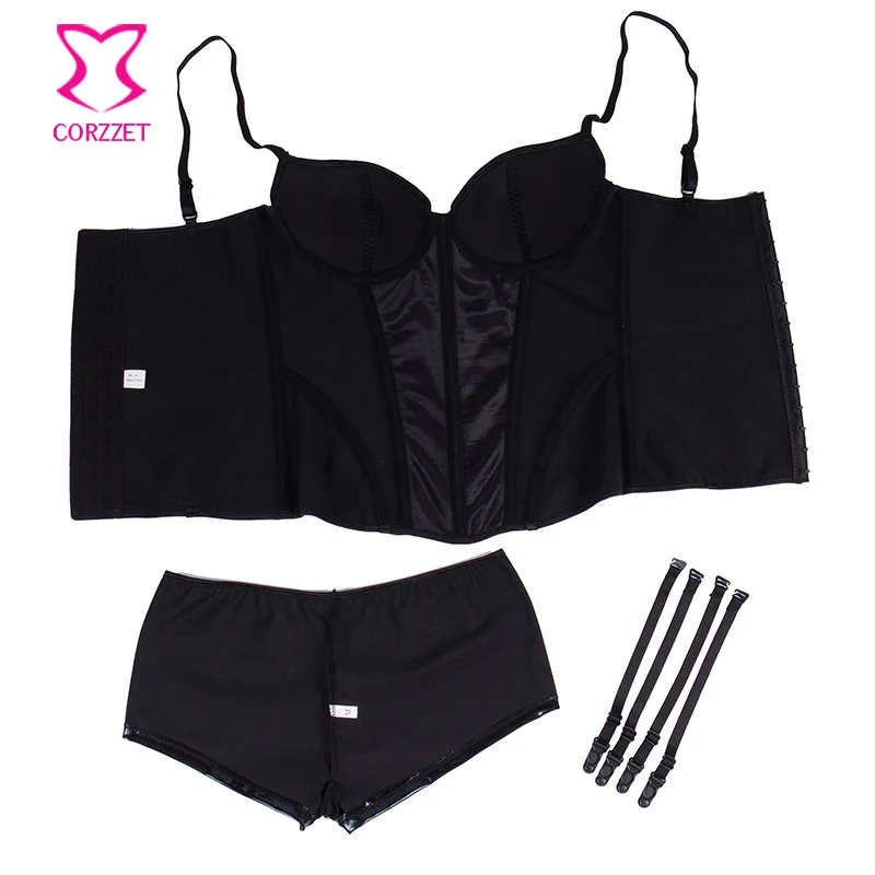Черное Кожаное Эротическое бюстье с эффектом пуш ап корсет комплект нижнего