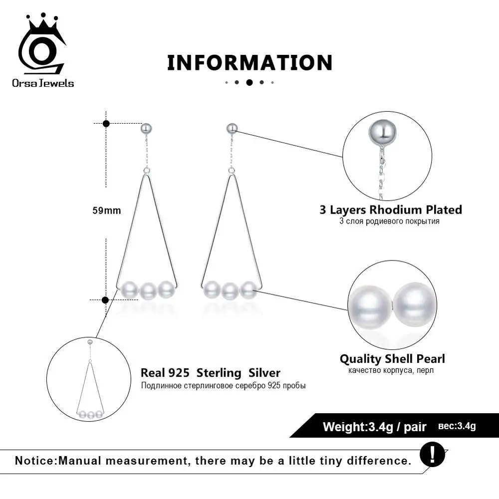 ORSA JEWELS чистое серебро 925, треугольная форма, жемчужные женские длинные висячие серьги из стерлингового серебра, новые серьги, ювелирные украшения SE152-P