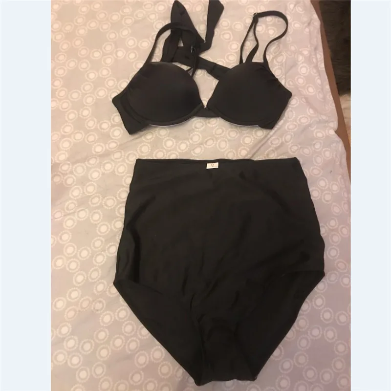 Купальник женский однотонный черный с высокой талией бикини 2019 летний пикантный