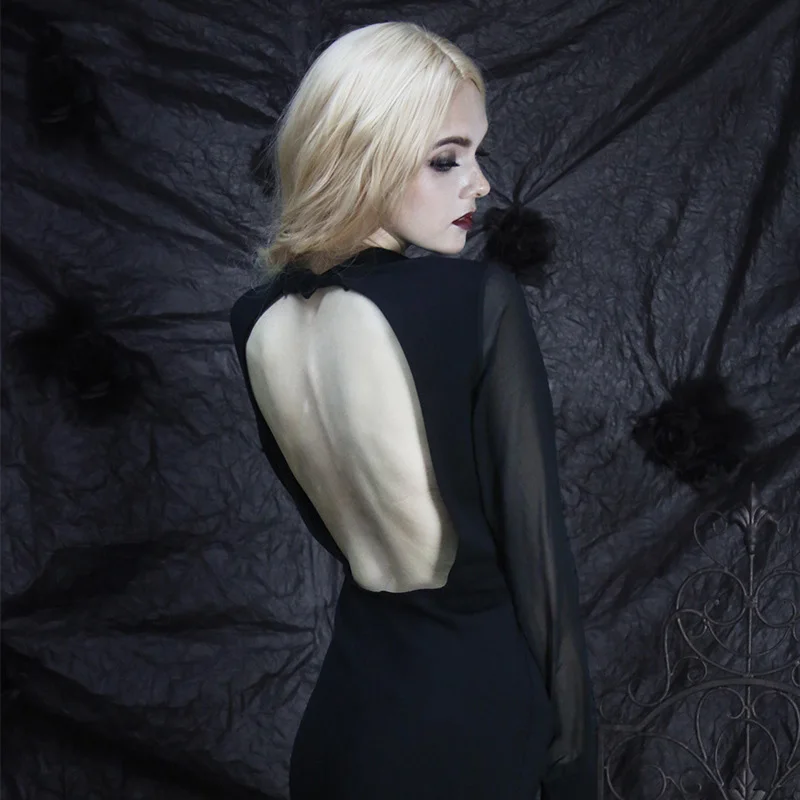 

Vintage Sexy Black Backless Bottom Mesh Long Sleeve Mini Dress Rock Gothic Lolita Punk Dresses Women Female Bodycon Club Wear