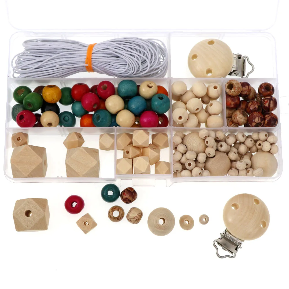 

1Box Teether Beads Set Making Necklace Pacifier Clip Kits Box Original Wood Beads Kids Teething Toy DIY Jewelry Set