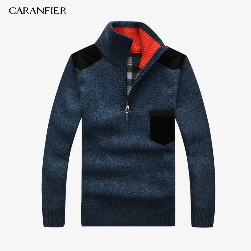 1PCS Blue CARANFIER, 3 шт., новинка, мужские свитера, толстые, теплые, зимние, на молнии, пуловер, кашемир, шерсть, свитер, для мужчин, трикотаж, Homme, размера плюс, 3XL - Цвет: 1PCS Blue