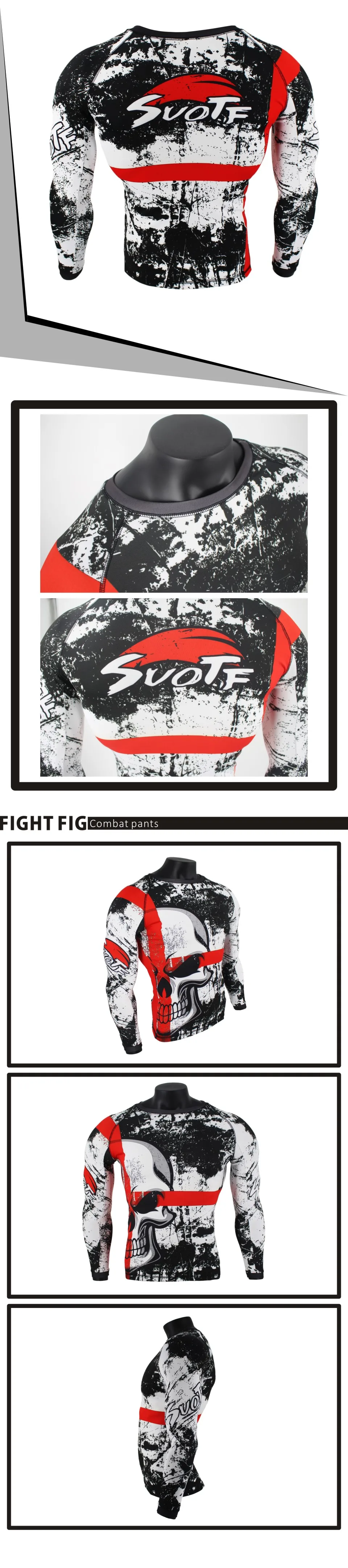 SUOTF боксерский комплект, компрессионная футболка+ штаны, череп S, кикбоксинг, плотные длинные футболки, брюки, Муай Тай, ММА, Fightwear