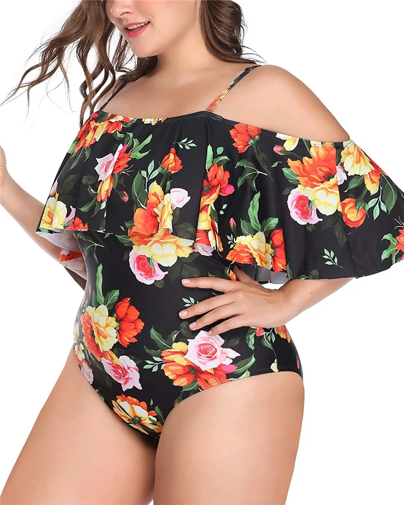 Plus Size Women One Piece Monokini Padded Bikini Floral Print Ruffle Swimwear Beach Off Shoulder Swimsuit Bathing | Спорт и