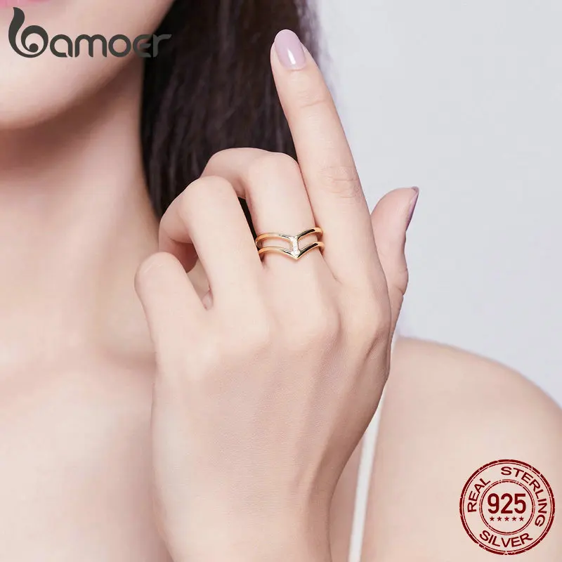 bamoer V shape Double Layer Finger Ring for Women 925 Sterling Silver Gold Color Fashion Korean Style Jewelry BSR040
