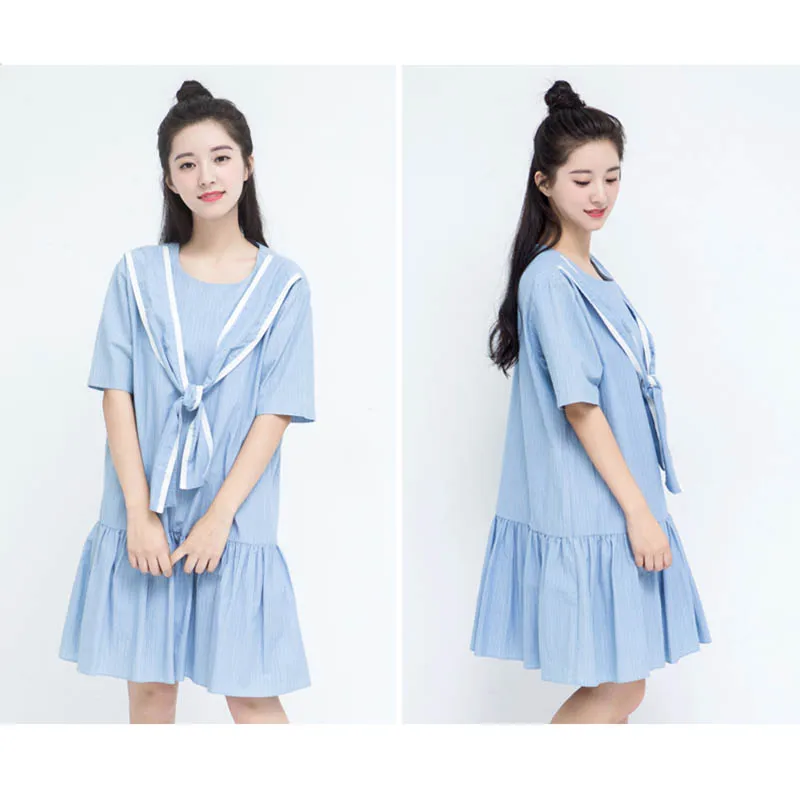 Платье женское летнее в белую и синюю полоску с бантом коротким рукавом|dress