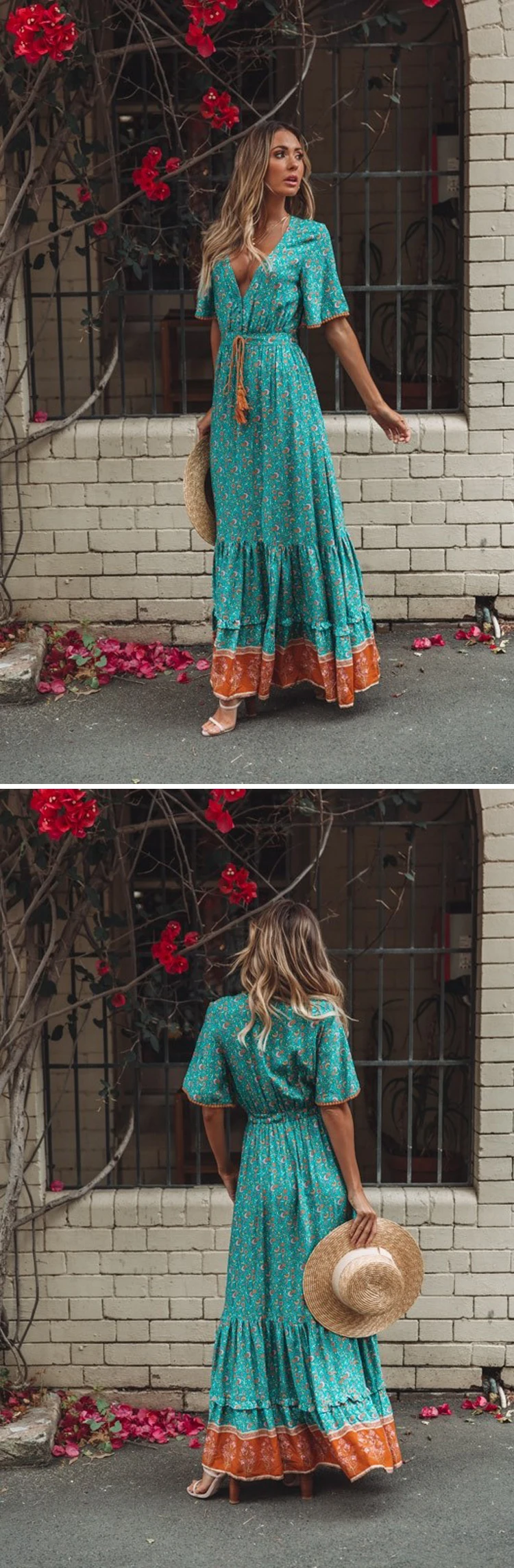 EFIOLY длинное платье из вискозы Boho с цветочным принтом, сексуальные платья хиппи с v-образным вырезом, летнее пляжное женское платье, богемное платье, платья с запахом