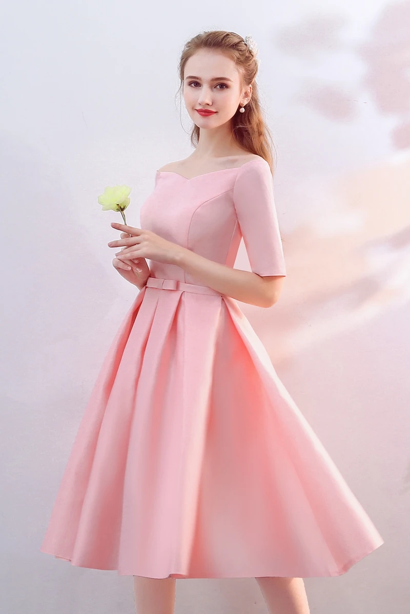 Розовое атласное платье подружки невесты с v образным вырезом Элегантные Дешевые