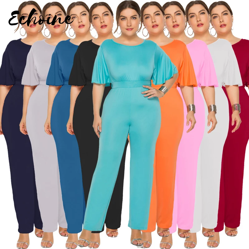 

Echoine Plus Size L-3XL Summer O Neck Half Sleeve Lace Up Jumpsuits Women Formal Office Casual Wide Leg Long Overalls 9 Colors