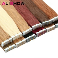 alishow tape in remy human hair extensions double drawn hair straight invisible skin weft pu tape on hair extensions