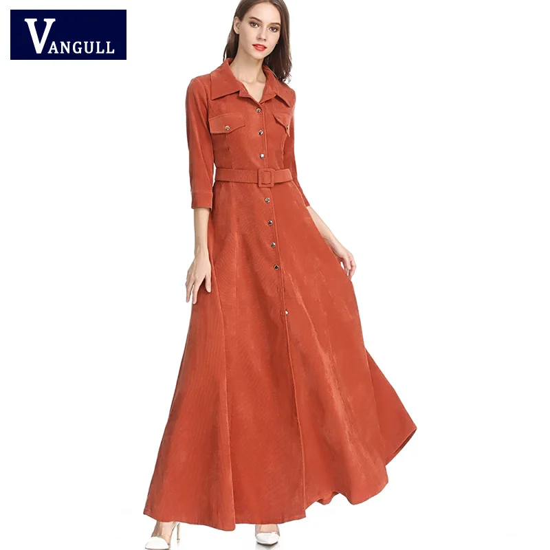 VANGULL, осенне-зимнее женское длинное платье, новинка, отложной воротник, фиолетовый, хаки, повседневное, Vestidos, винтажное, вельветовое, шикарное, женское платье