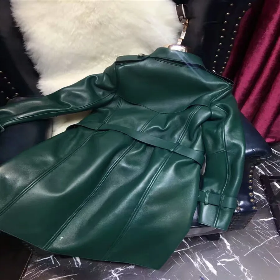 Осенне-зимний Женский Тренч из натуральной кожи длинное пальто овечьей