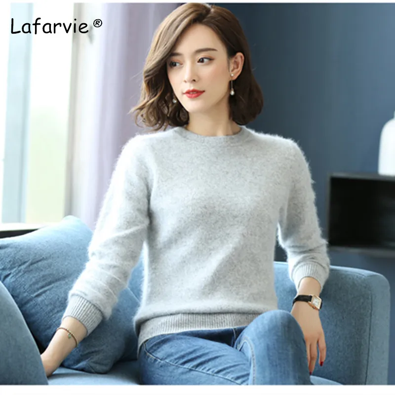 Lafarvie Autumn Winter O-Neck Knitted Mink Cashmere Sweater Women Tops Long Sleeve Warm Pullover Female Solid Color Basic Sweter | Женская