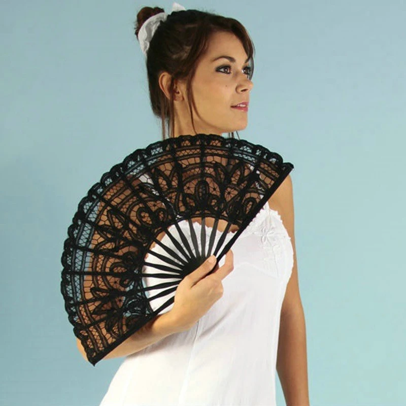 

Hot Sale Spain Black Leques Ladies Folding Lace Hand Fans,Wholesale Personalized Bamboo Fan Of Old Wedding Decoration 1