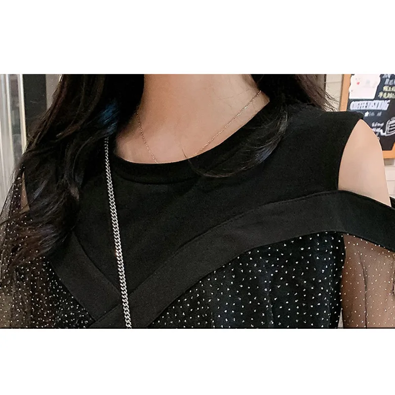 Модный черный элегантный женский костюм из 2 предметов с юбкой со стразами