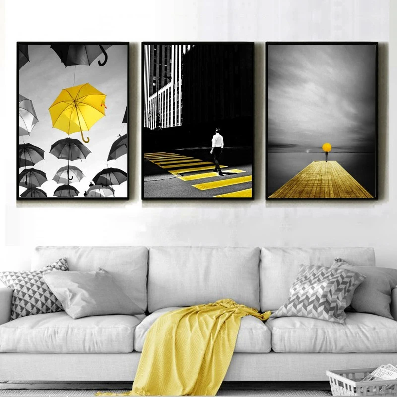 

Nordic Modern Yellow and Black Umbrella Canvas Paintings Romantic Poster Print Wall Art Pictures for Living Room Home Decoration