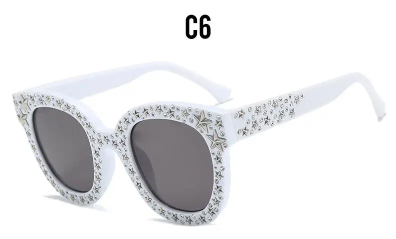C6 white frame gray Звездные шипованные квадратные солнцезащитные очки для женщин Горячие большие черные солнцезащитные очки женские оверсайз рейверская Праздничная винтажная солнцезащитные очки Oculos - Цвет линз: C6 white frame gray