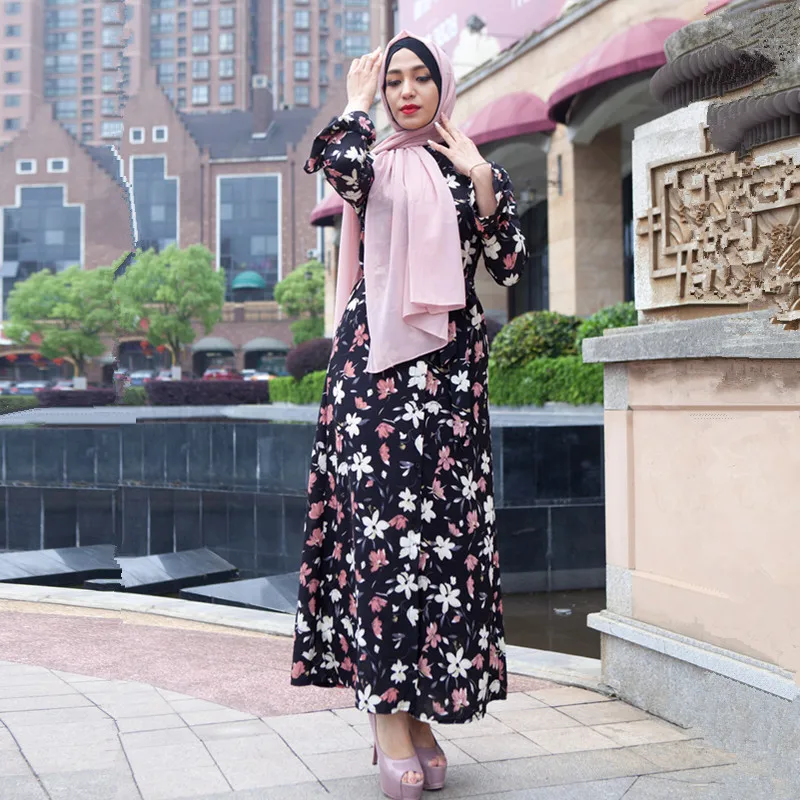 Женская мусульманская одежда Abayas макси платье с длинным рукавом и цветочным