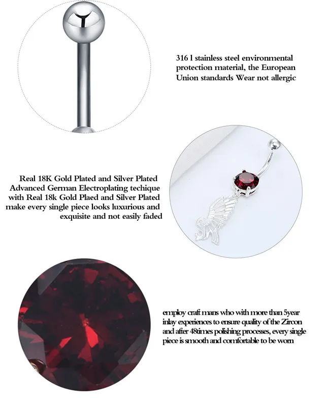 Kinitial Мода Орел Птица болтаются из нержавеющей стали пупка Циркон Кольца Штанги