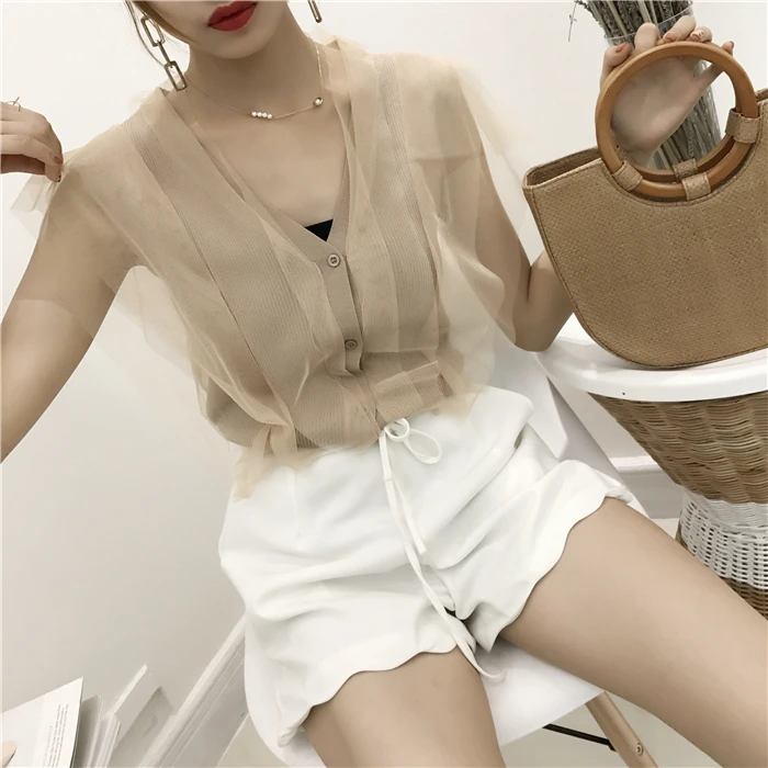 2017 Women Knitted Vest Shirts V Neck Mesh Patchwork Solid Short Style Woman Female Casual Summer Tank Tops |