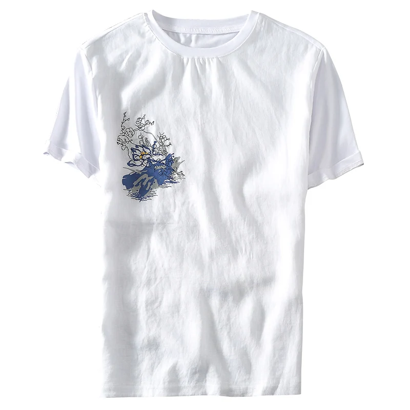 Новое поступление 2018 Льняная мужская футболка с вышивкой и принтом короткими