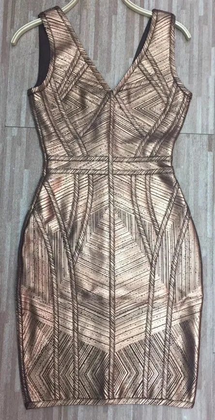 Коричневый Women Gold Brown Blue Red Bandage dress New Arrival V-Neck Sleeveless Vestidos Celebrity evening Party Bodycon dresses - Цвет: Коричневый
