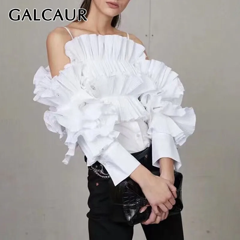 Женская блузка с открытыми плечами GALCAUR летняя плиссированная туника воротником