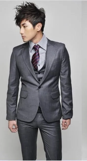 Custom Made Slim Fit Grey Groom Tuxedos Notch Lapel Best Man Groomsman Men Wedding Suits ( jacket+Pants+vest+tie)