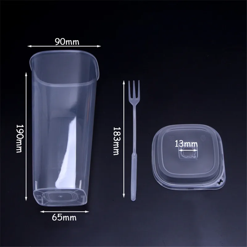 Disposable Plastic Fruit Tea Cup Take Out Drinks Mug With Lid And Fork One-off Big Capacity Drinkware Milk Packing Tools | Дом и сад
