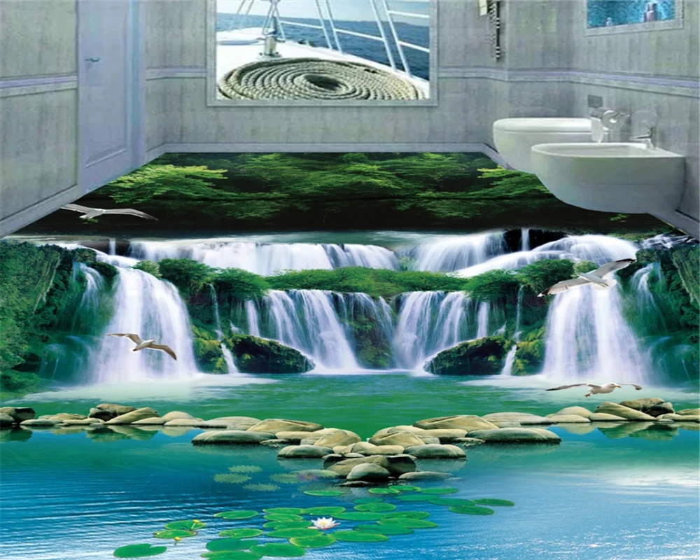 

beibehang Dream Waterfall Water Green Forest 3D Bathroom Bedroom Floor Design Wallpaper Mural papel de parede 3d Self adhesive