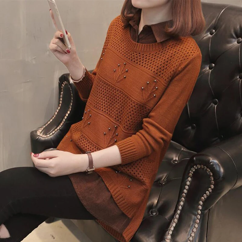 2018 Autumn New Loose Women Pullover Sweater Long Section Fake Two Shirt Collar Knitwear Jacket LY1108 | Женская одежда