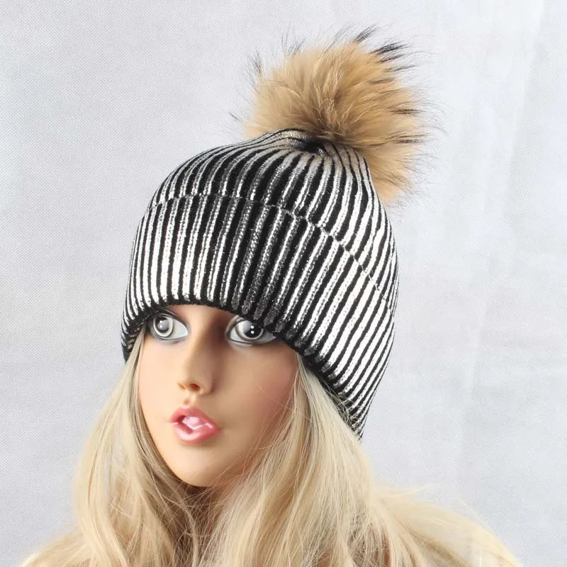 Зимние шапки из меха норки для женщин, розовые женские шапки Skullies Beanies с натуральным мехом енота, шапка с помпоном, Женская Вязаная Шапка-бини