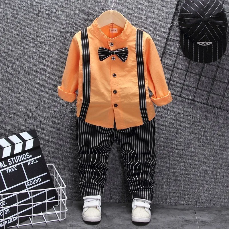 SJBB striped Orange Демисезонный для маленьких мальчиков и девочек одежда с бантами для детей, костюмы для мальчиков, футболка, штаны, пояс, 3 шт./компл. модная одежда для малышей Повседневная одежда - Цвет: SJBB striped Orange