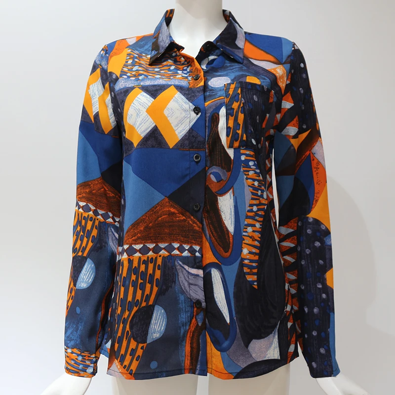 Весна Осень 2020 женская блузка с принтом длинный рукав геометрический принт
