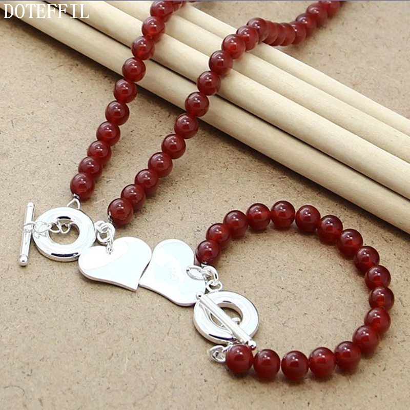 

DOTEFFIL 8mm Red Agate Beaded Chain 925 Sterling Silver Heart Pendant Necklace Bracelet Set For Women Wedding Jewelry