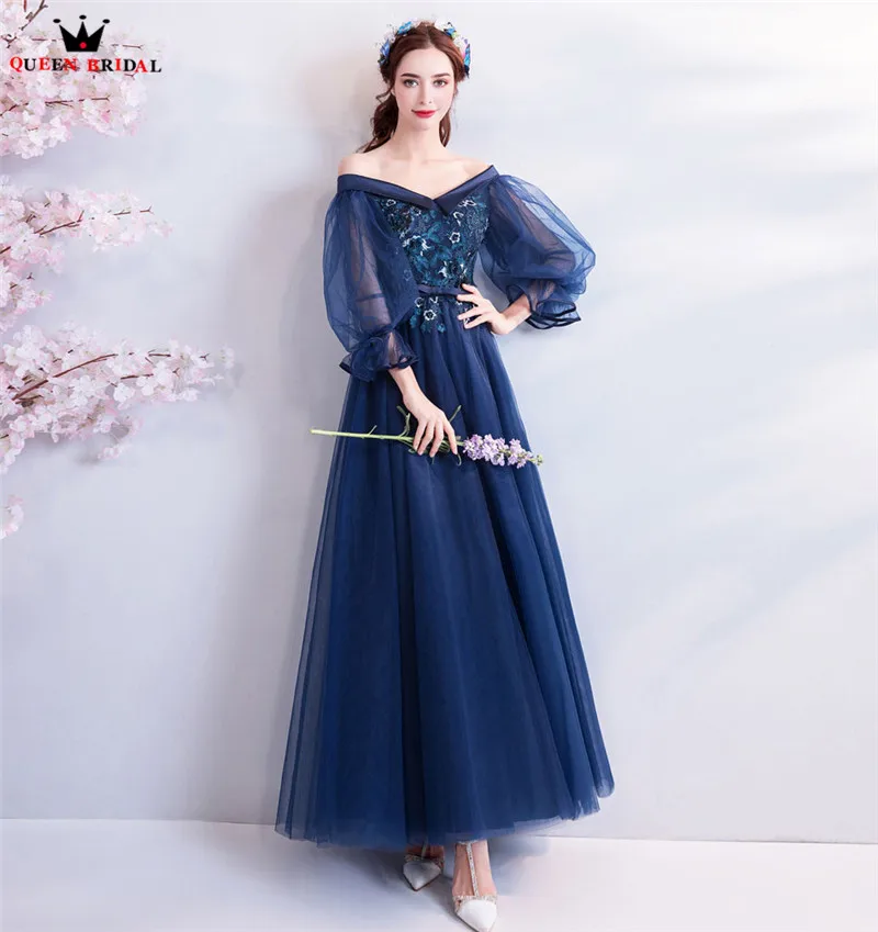 A-Line тюлевые цветы украшенные бисером Длинные вечерние синие платья 2020 Новый