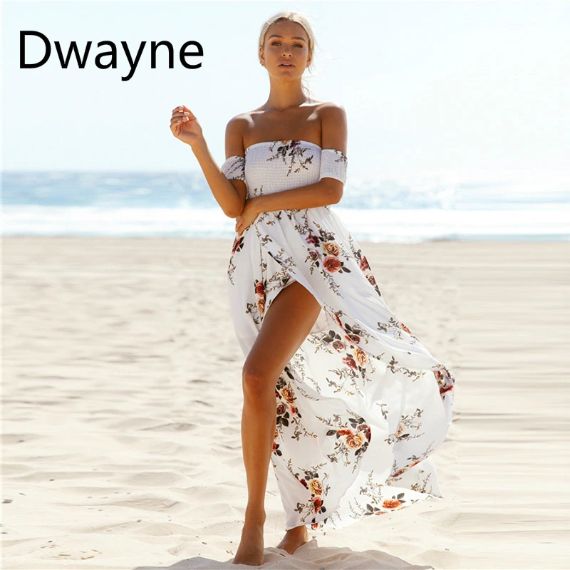 Новые длинные летние Для женщин Платья для открытыми плечами и принтом платья
