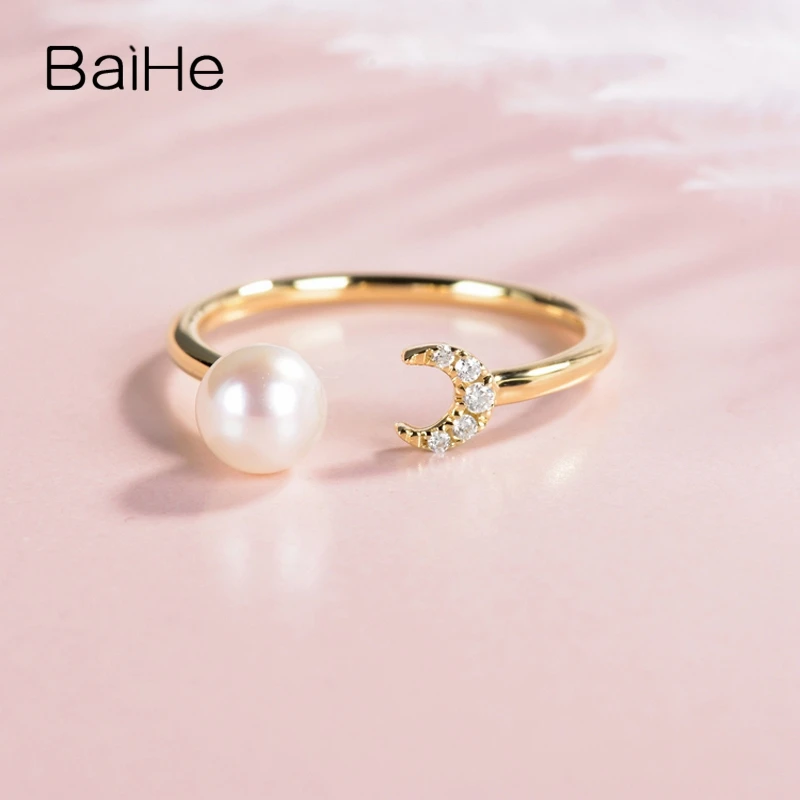 BAIHE Solid 14K желтое золото 5 мм безупречный пресноводный жемчуг для помолвки женские