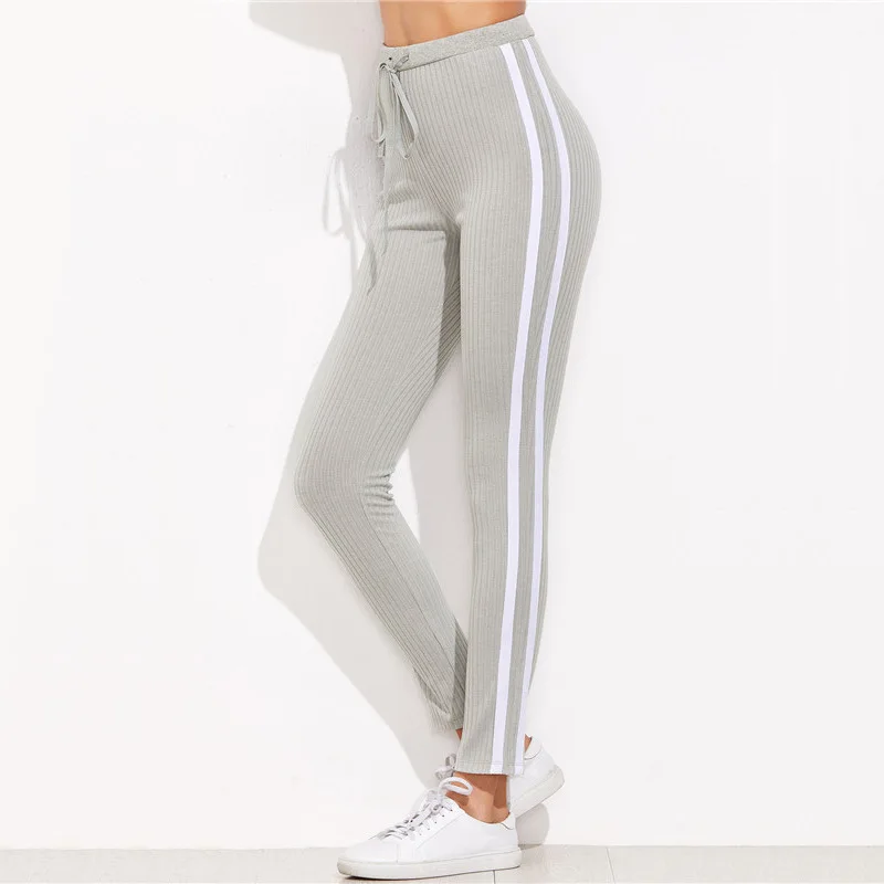 2019 Spring and summer Fashion Women Side Striped Casual pants Gray Mid waist Drawstring tight Trousers Plus size | Женская одежда