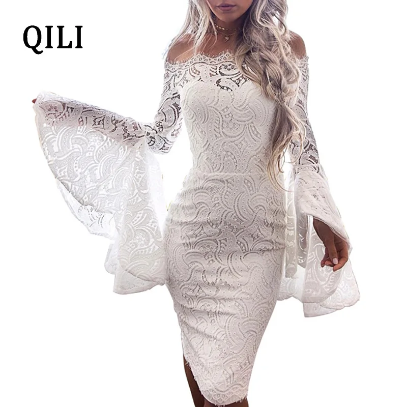 QILI/Белое Кружевное платье для женщин, сексуальное, с открытыми плечами, расклешенное, с длинным рукавом, с разрезом сзади, вечерние платья, Клубное облегающее платье, черное, белое, винно-красное