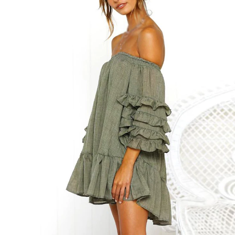 Women Beach Holiday Sundress Sexy Mini Off Shoulder Ruffled Backless Short Dress | Женская одежда
