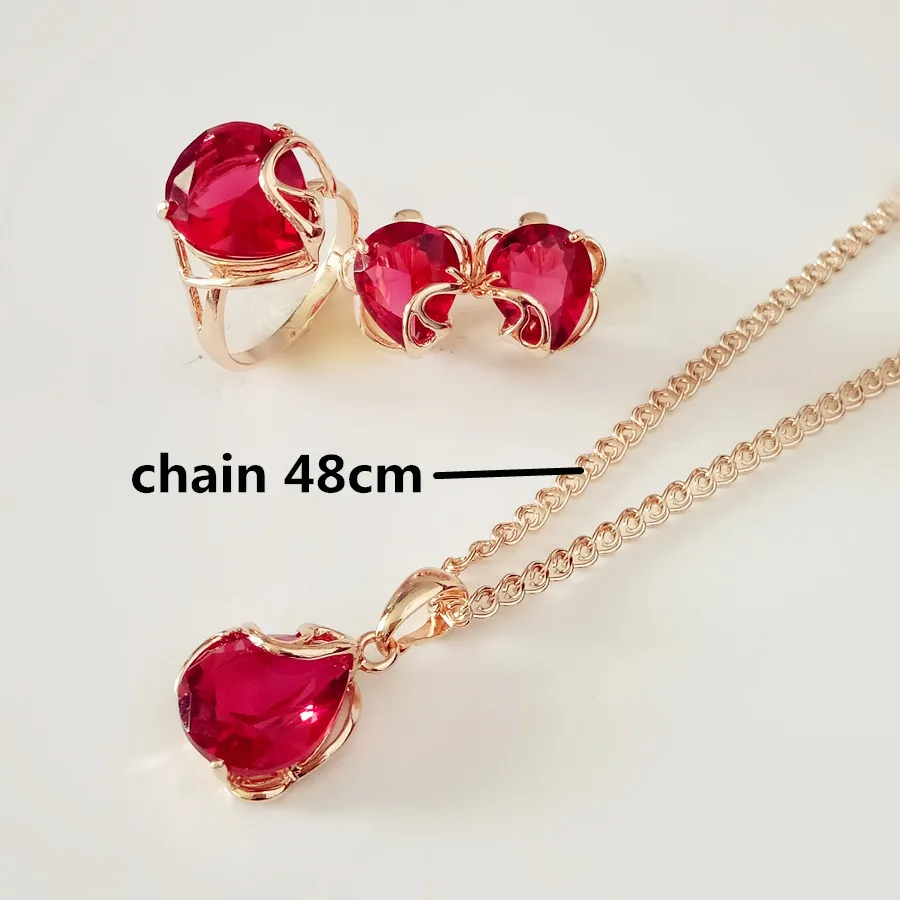 set with 48cm chain Роскошный свадебный ювелирный набор из 585 золотого цвета, модное свадебное ожерелье с красным кубическим цирконием в форме сердца+ серьги+ кольцо, ювелирные наборы - Окраска металла: set with 48cm chain