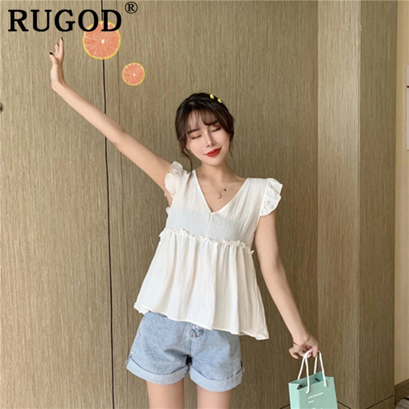 RUGOD Vintage white lace up women shirts Elegant V neck sleeveless solid blouse female 2019 summer korean ruffles tops ladies | Женская